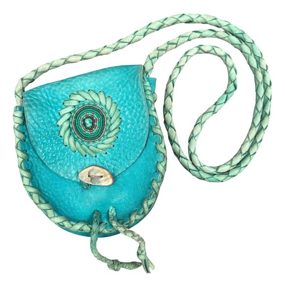 VTG Handmade Leather Crossbody Purse Teal Beaded Floral Shell Button Boho - Picture 1 of 16